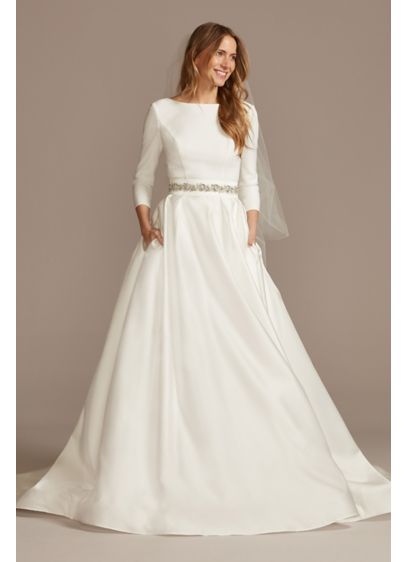 Low Back Mid-Sleeve Crepe and Satin Wedding Dress - Modern yet classic, this unadorned wedding dress is